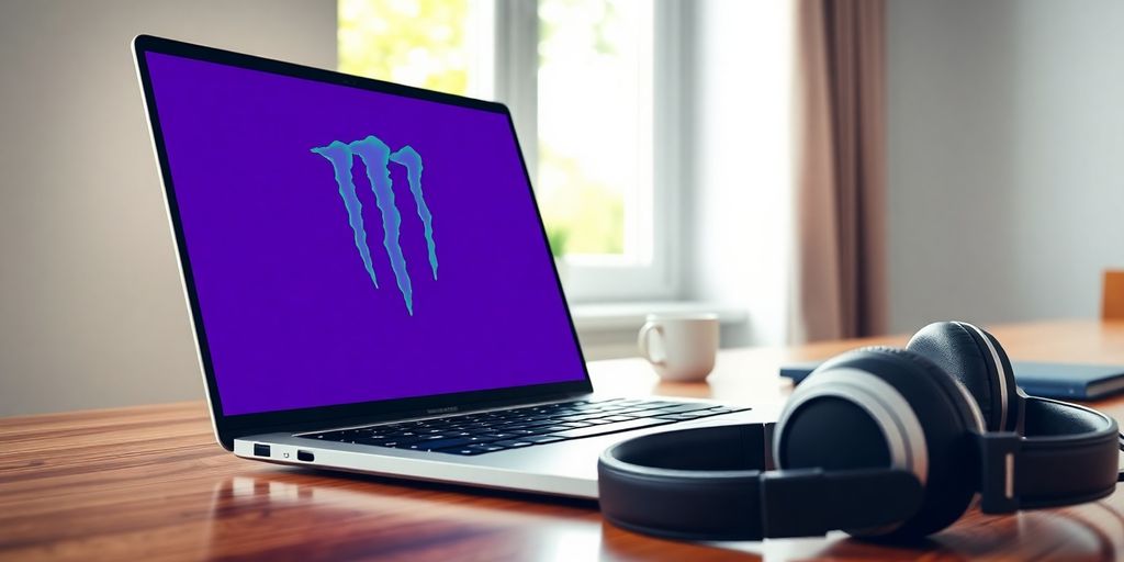 Laptop with Monster logo, person working remotely.