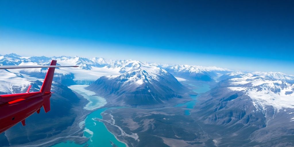 A helicopter flies over immense Alaskan glaciers and snowy mountains.