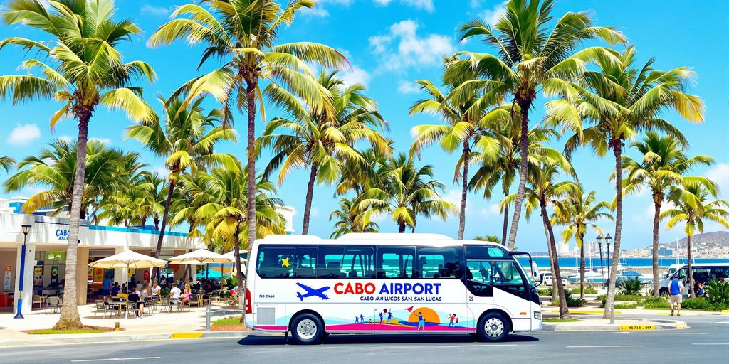 Cabo airport shuttle in a sunny tropical setting.