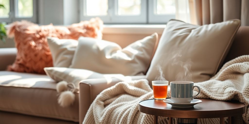 Cozy living room with pillows, blanket, and tea.