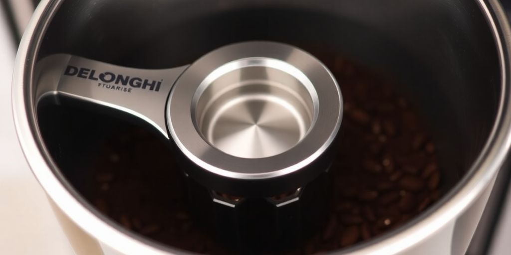 Delonghi portafilter and self-leveling tamper close-up.