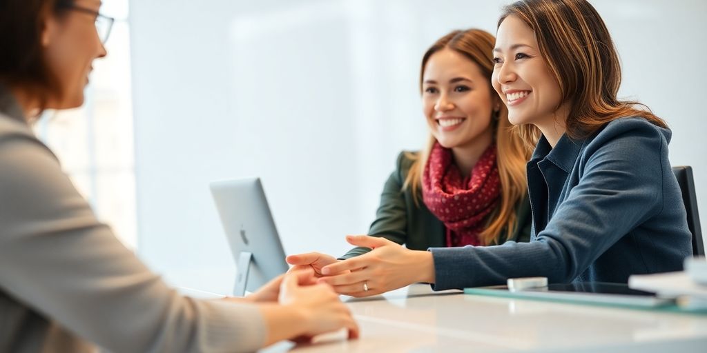 Friendly person helping customer at desk