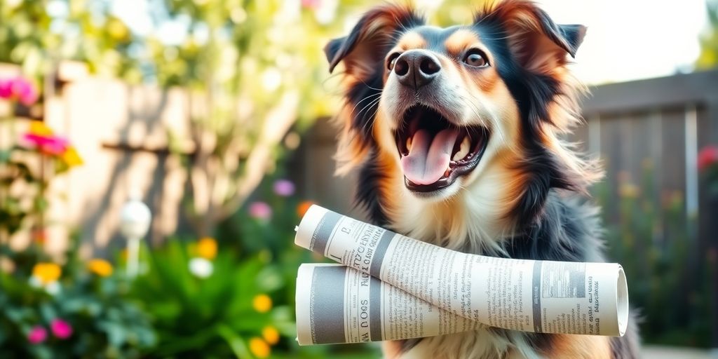 Dog with newspaper in mouth in a sunny yard.