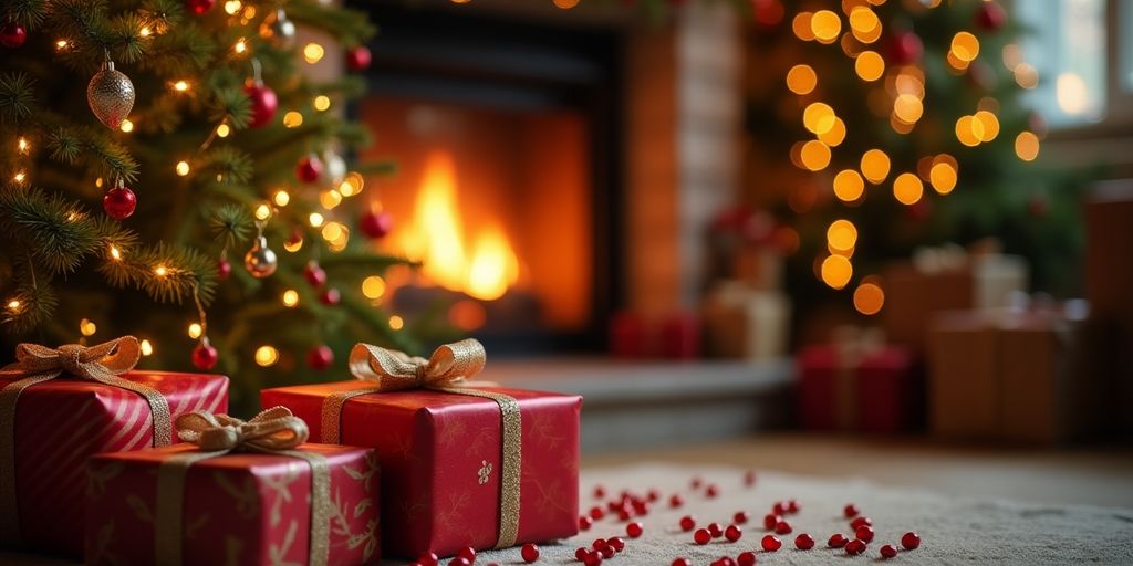 Scène de Noël chaleureuse avec un sapin décoré.