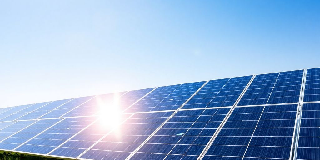 Sun shines on solar panels.