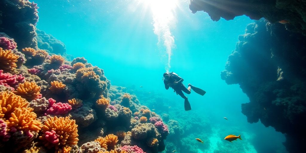 Divers swim through vibrant coral reefs in clear blue water.
