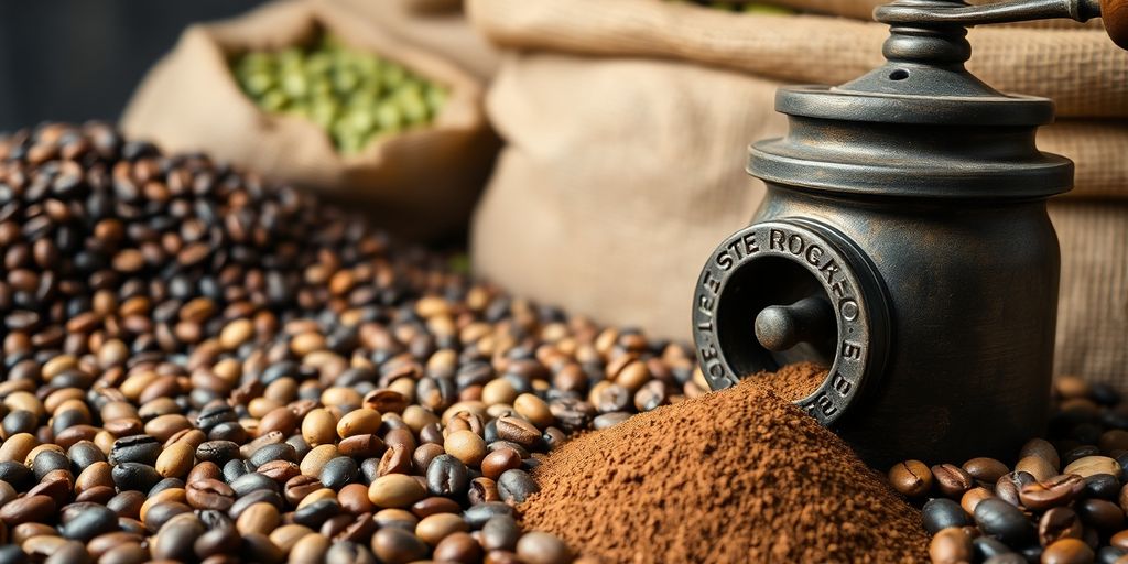 Coffee beans, roasted, unroasted, grinder, burlap sacks.