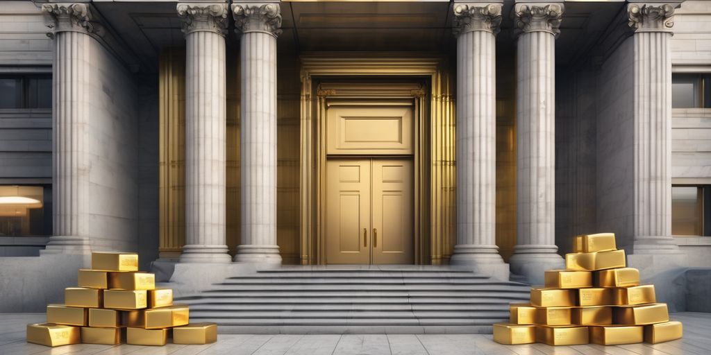 central bank building with gold bars and financial market charts