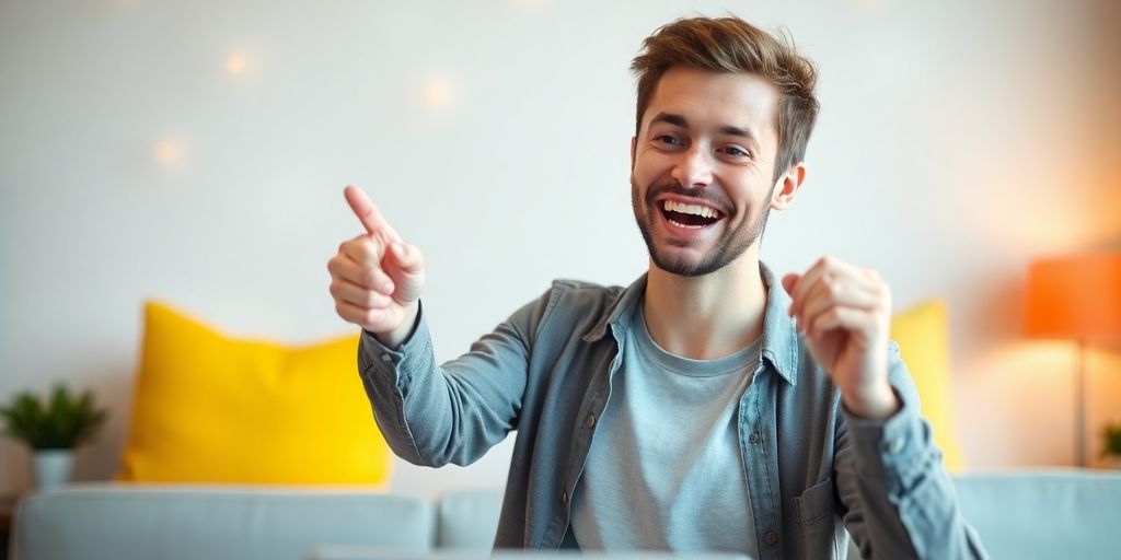 Person posting personal ad online with smiling face.