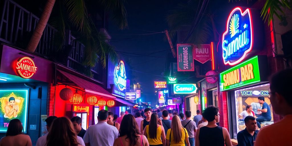Colorful Samui nightlife street with lively crowd.