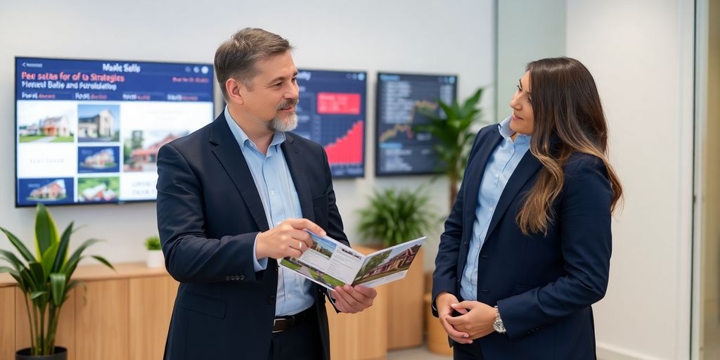 Broker and realtor collaborating in a modern office setting.