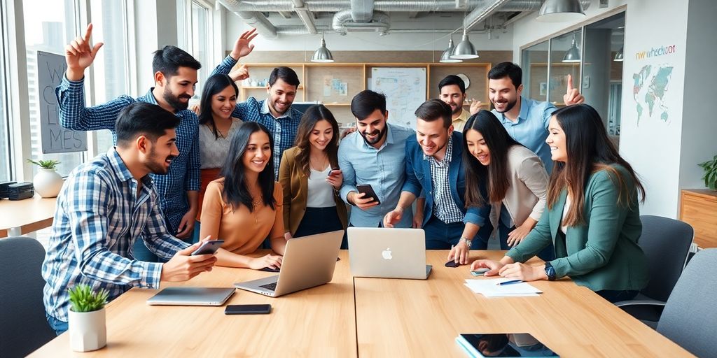 Group of entrepreneurs collaborating in a modern workspace.