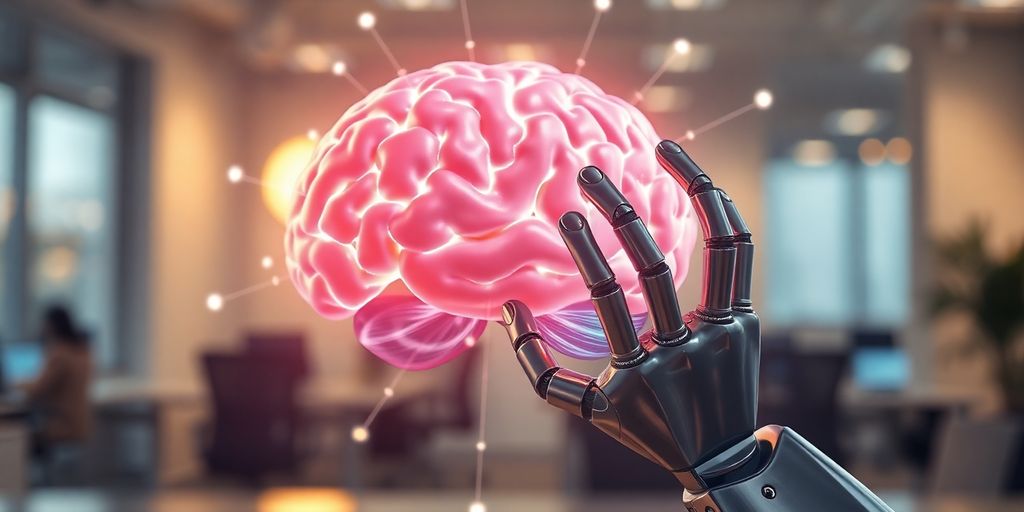 Robot hand interacting with brain graphic.