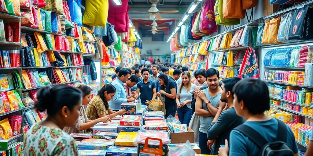 Marketplace with diverse products and engaged sellers.
