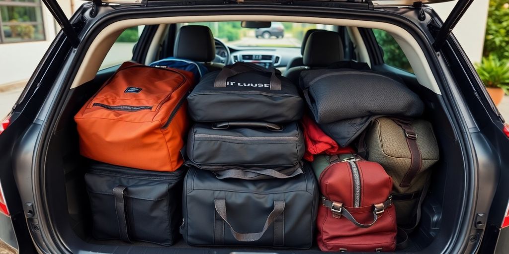 Car trunk filled with luggage.