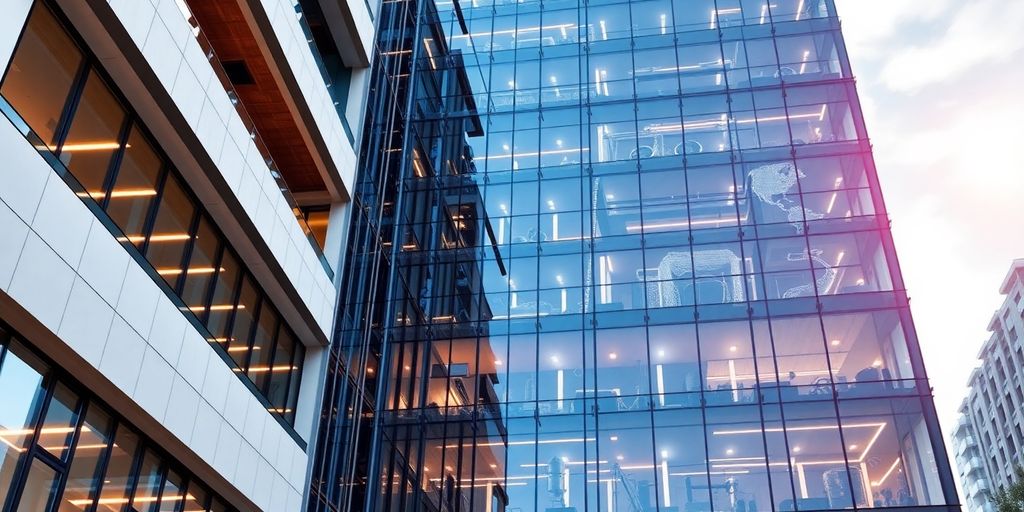Smart building with integrated IoT technology and modern architecture.