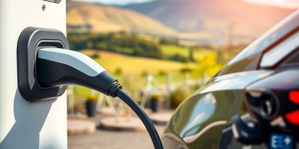 Electric vehicle charging station with a scenic backdrop.