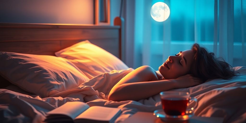 Person sleeping peacefully in a dimly lit bedroom.