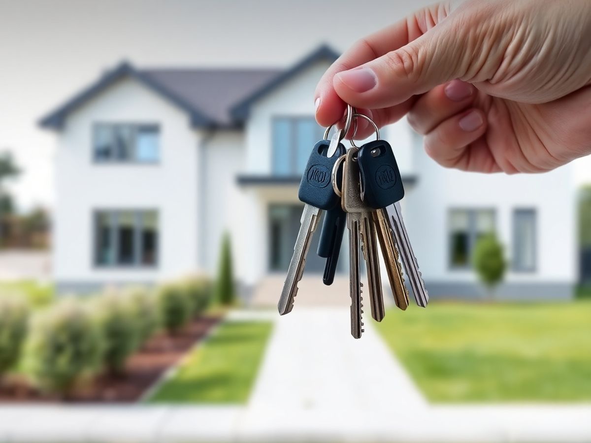 Mână cu chei, fundal casă modernă.