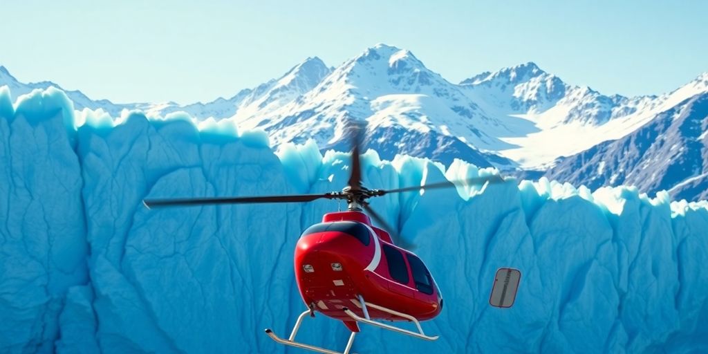A red helicopter flies above a vast Alaskan glacier.