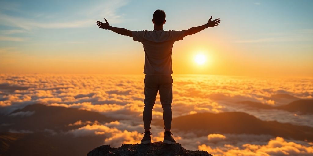Person confidently standing atop a mountain, arms outstretched.