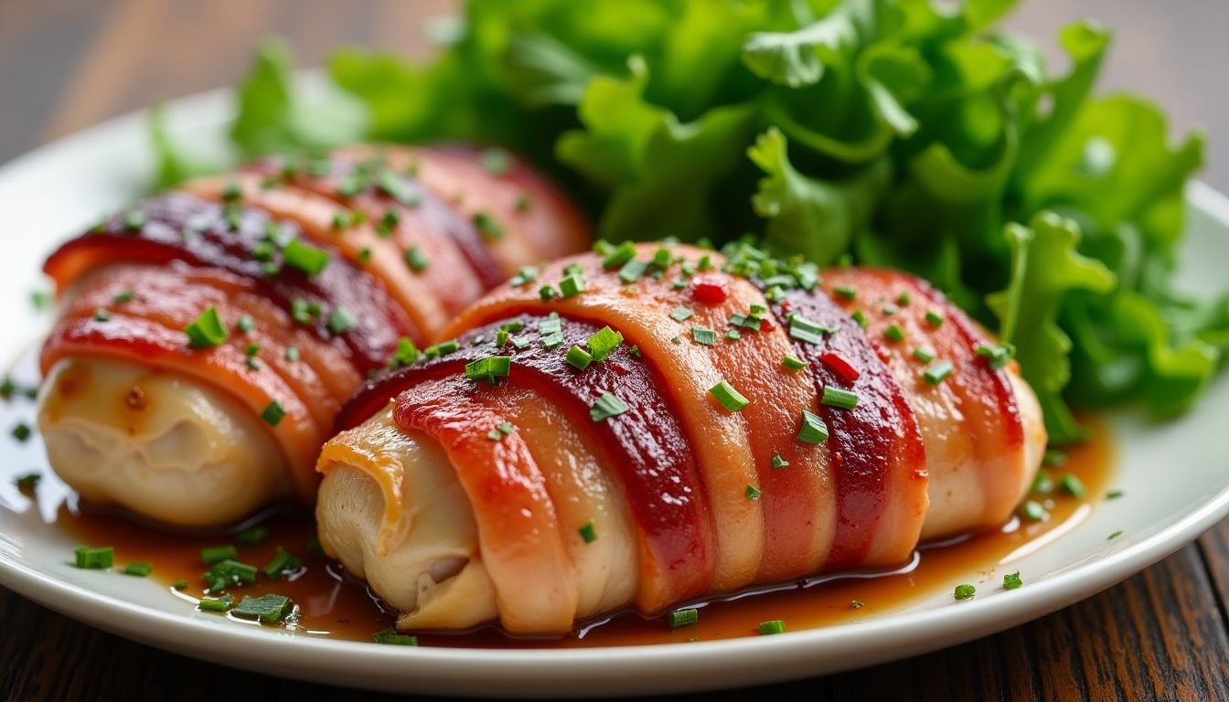 Keto Bacon Wrapped Chicken on a plate with vegetables.