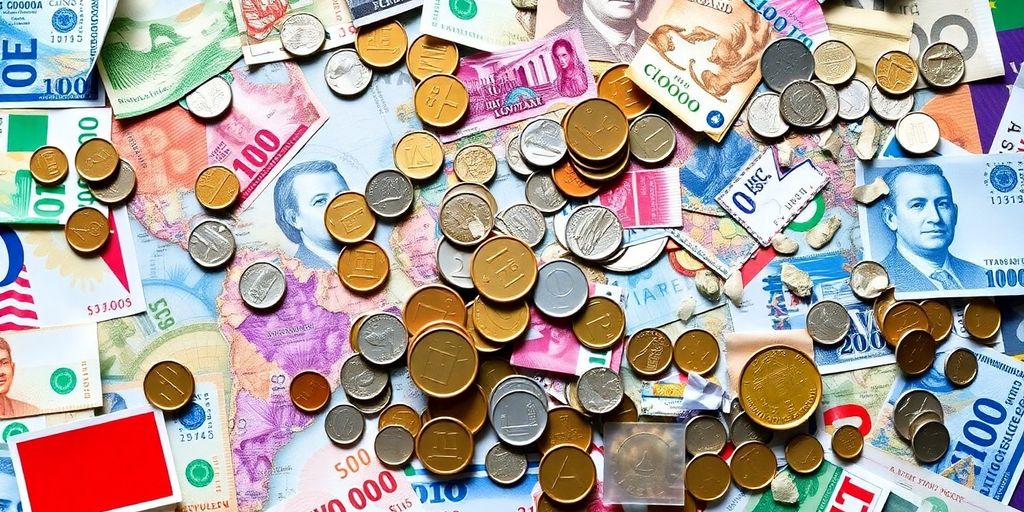 Colorful currencies from around the world arranged artistically.