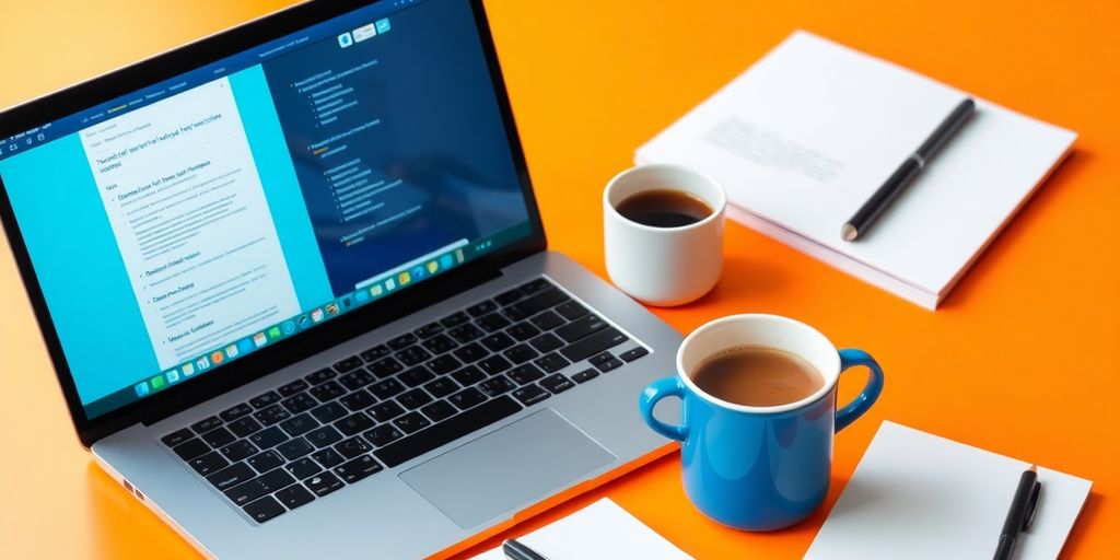 Bright workspace with laptop and coffee for freelancing.