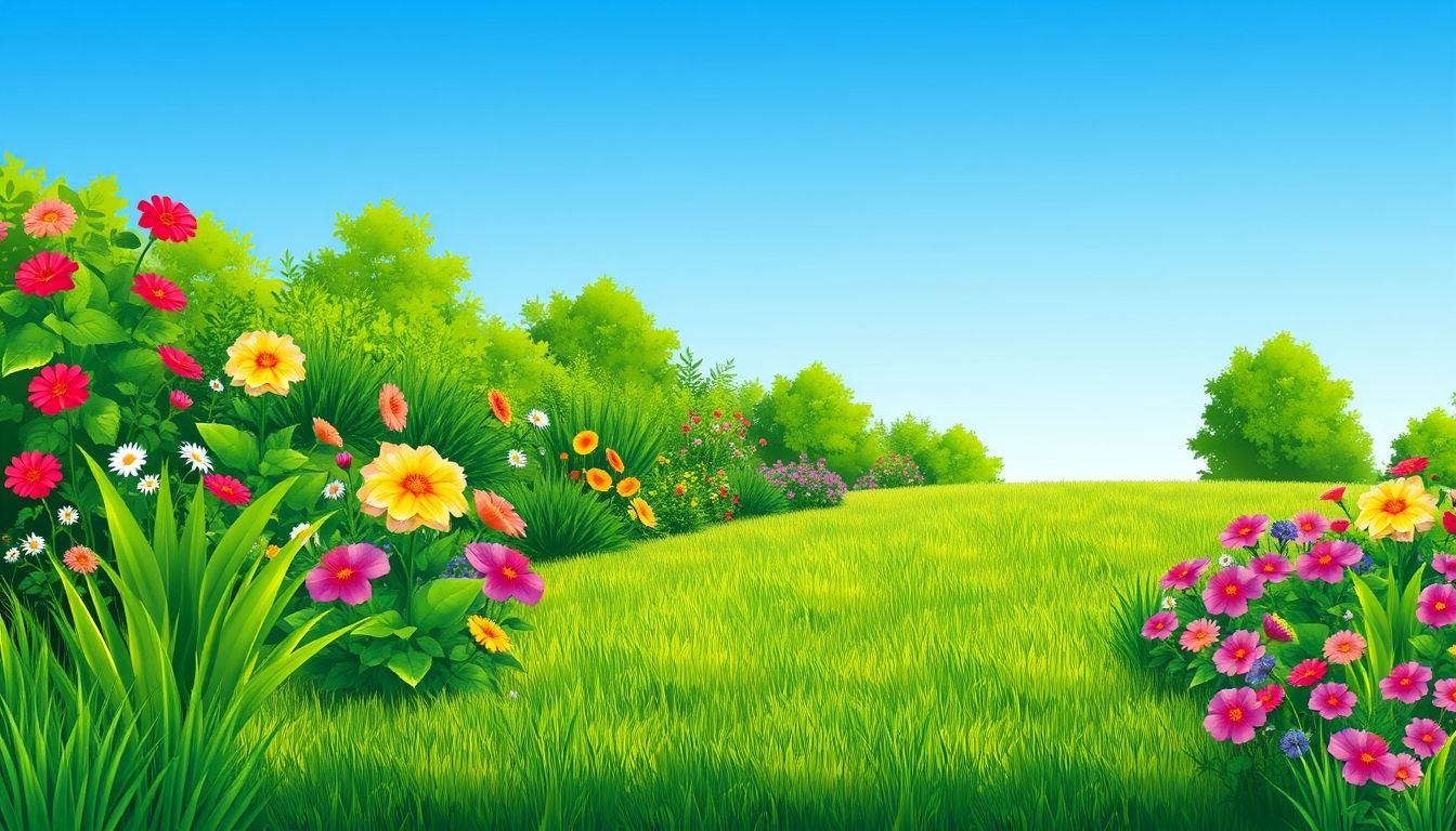 Lush green garden with vibrant flowers.