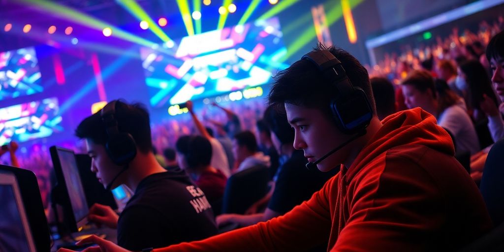 Intense esports tournament with players and cheering fans.