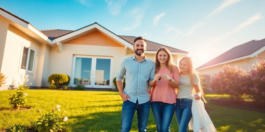 Modern house with family in yard.