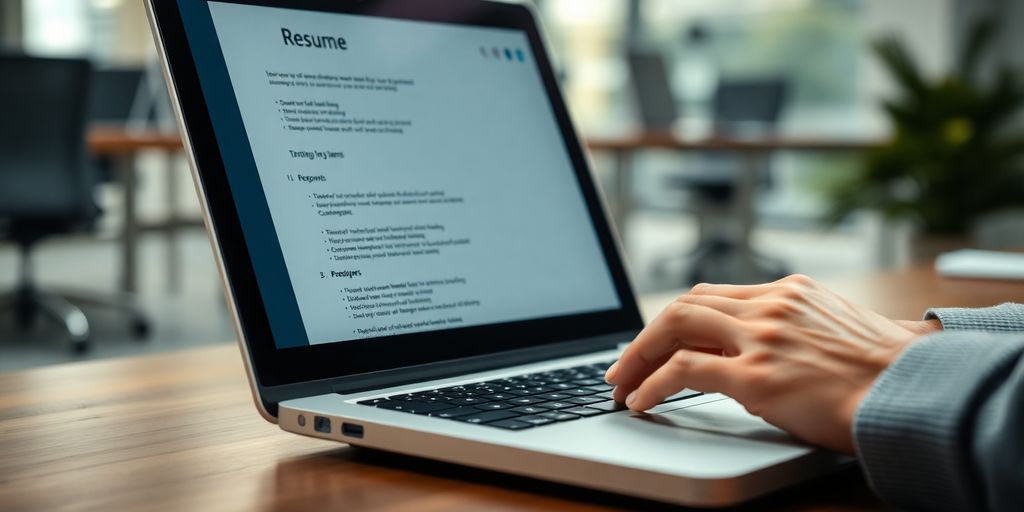 Person typing on laptop, resume on screen