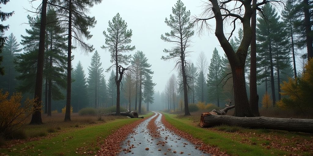 Stormskadade träd i Uppsala med brutna grenar.