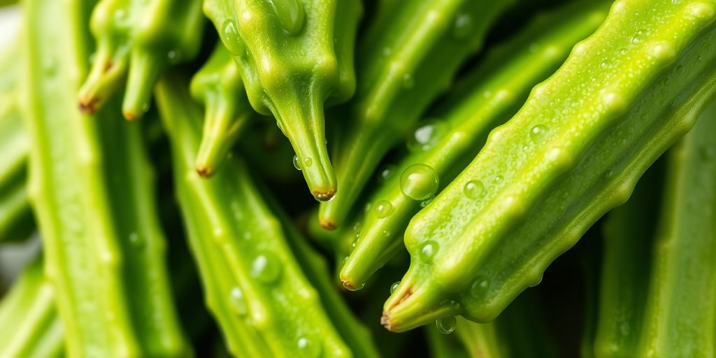 Fresh okra pods with water droplets on a blurred background.