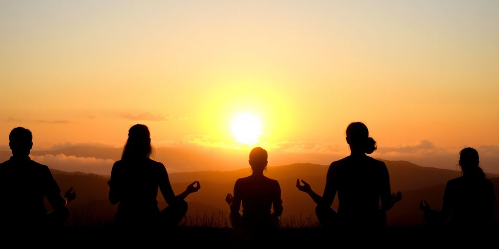 Silhouettes meditating in a peaceful sunrise landscape.