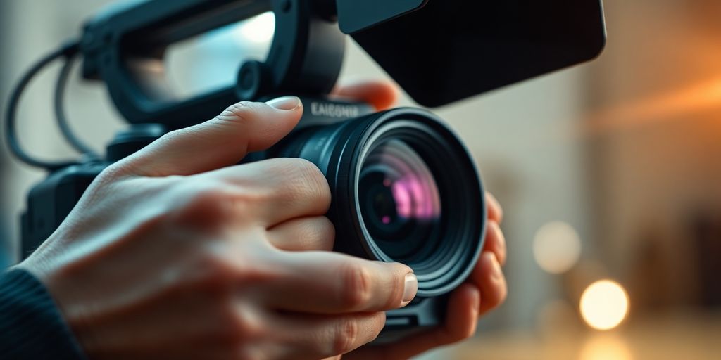 Filmmaker operating a professional video camera.