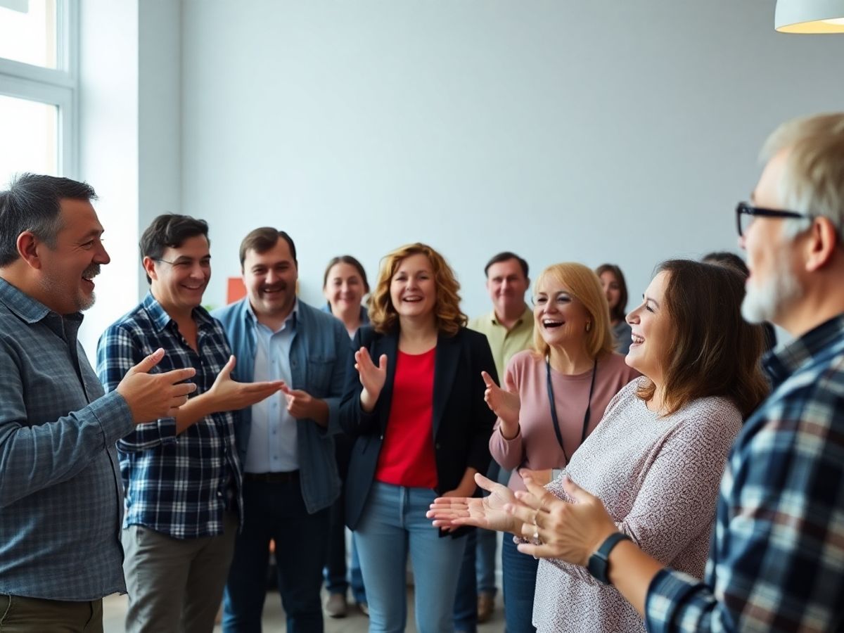 Adults joyfully playing charades in an engaging setting.