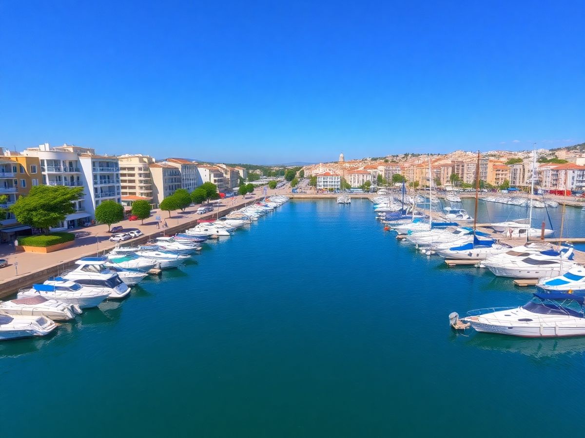 Barcos amarrados en un puerto deportivo europeo soleado con edificios blancos.