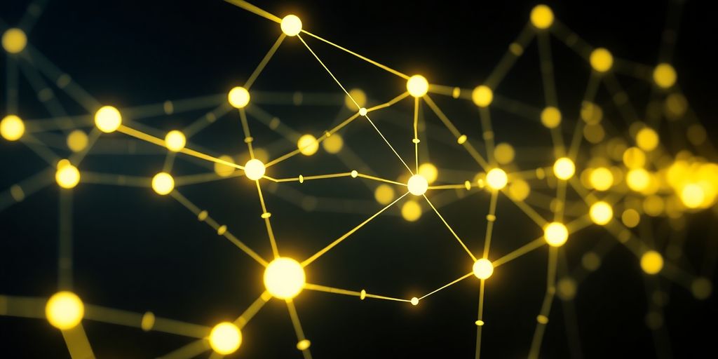 Glowing blockchain network, digital code, interconnected nodes.