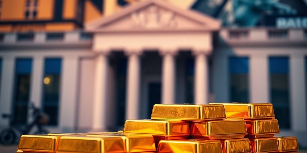Des lingots d'or avec des bâtiments bancaires flous en arrière-plan.