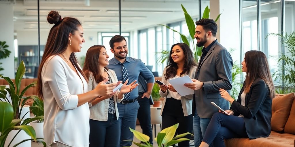 Business professionals networking in a modern office setting.