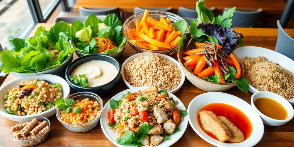 Healthy fast food meals with fresh ingredients on a table.