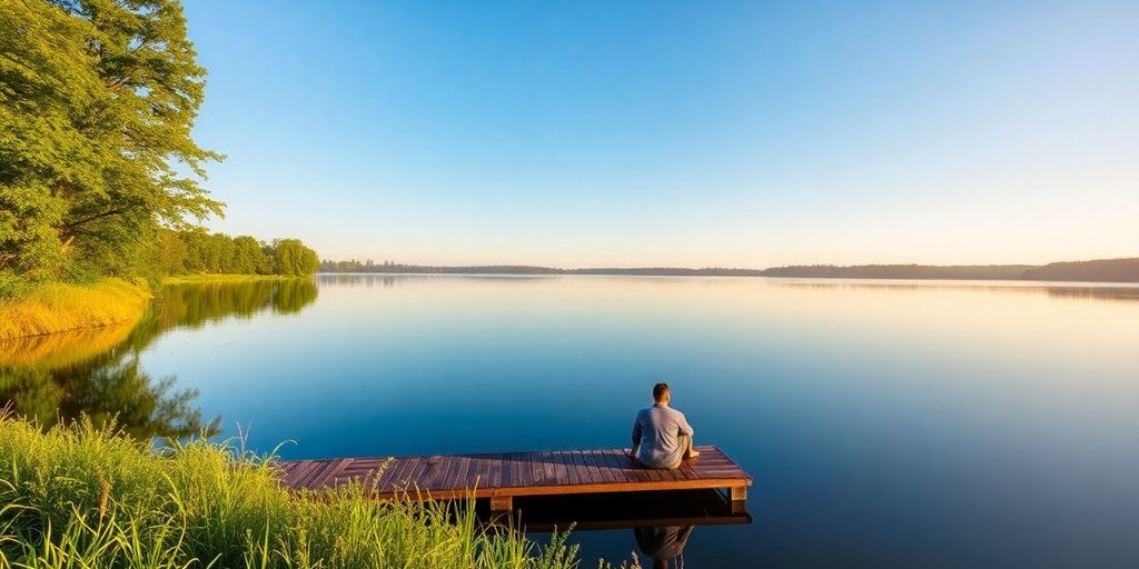 A person contemplating by a calm lake in nature.