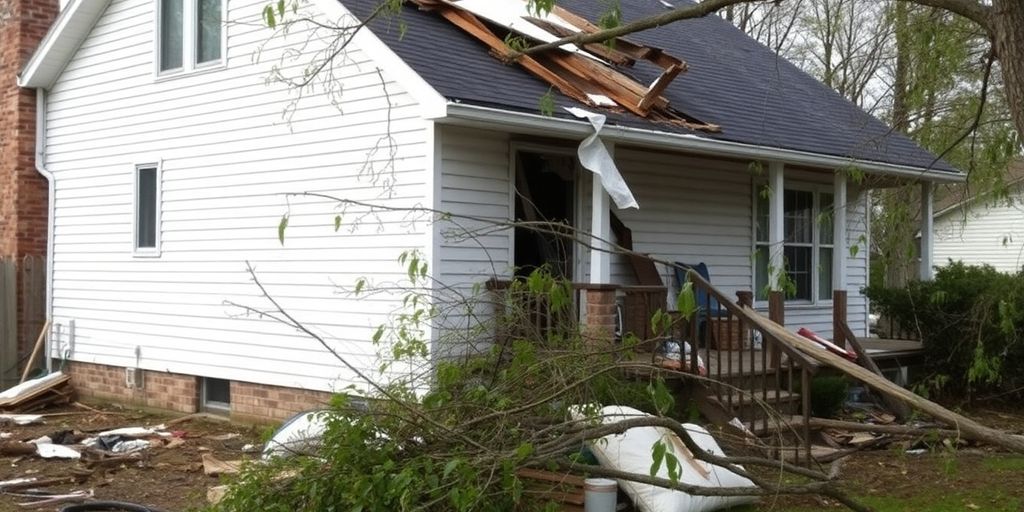 Damaged house with storm debris and broken windows.