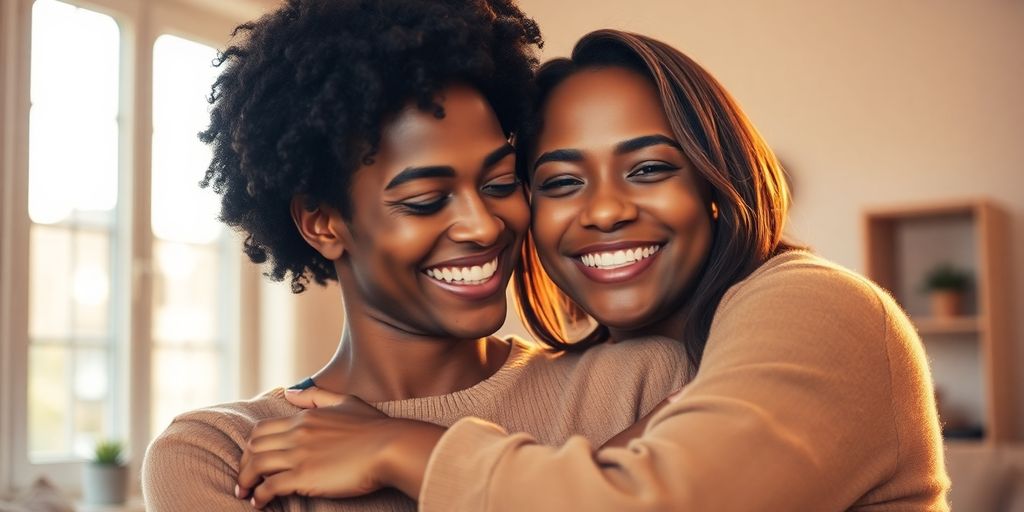 Couple embracing, warm light, serene setting.