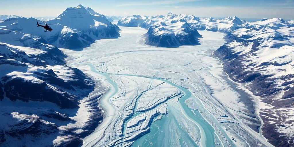 A helicopter flies over a vast Alaskan glacier and mountains.