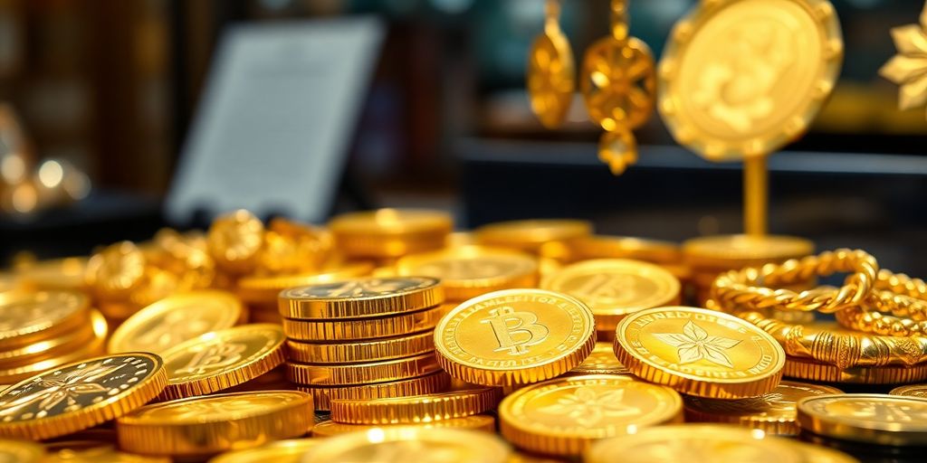 Pièces d'or brillantes sur un fond flou.