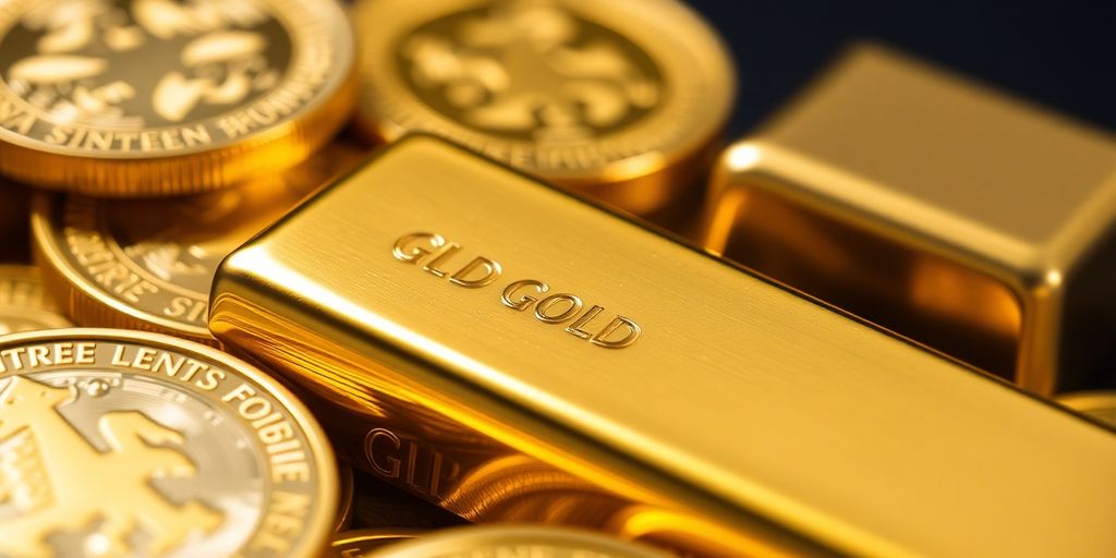 Pièces d'or et lingots brillants sur fond sombre.
