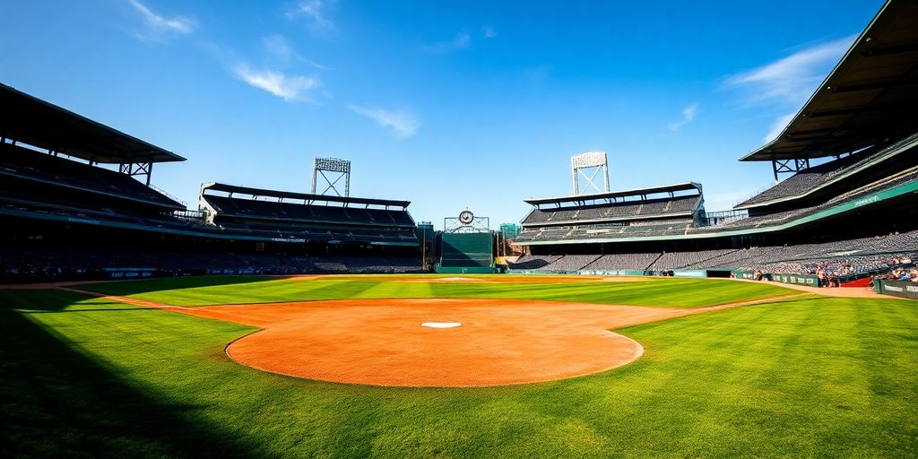 Historic baseball stadium with green field, clear sky.