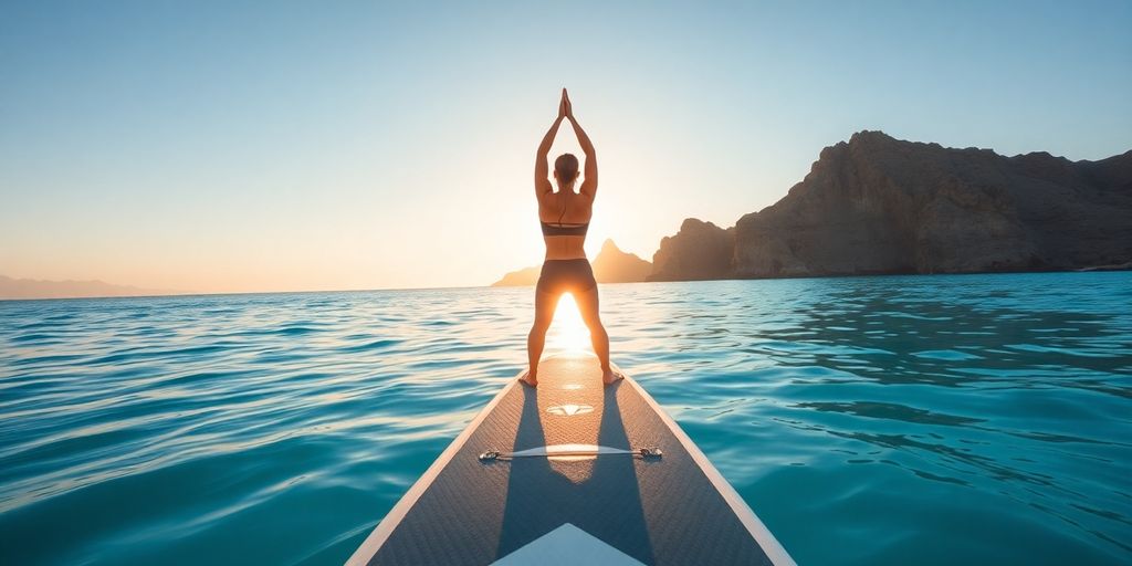 Sunrise yoga on paddleboard in clear Cabo waters.